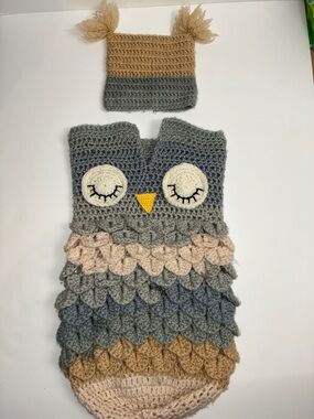Handmade Owl Crochet Sleeping Sack and Hat Set – Gray, Tan, Cream